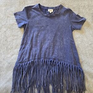 BiBi Mineral Wash Womens Small Navy Blue Fringe Hem Tunic Tee Top Boho Hippie